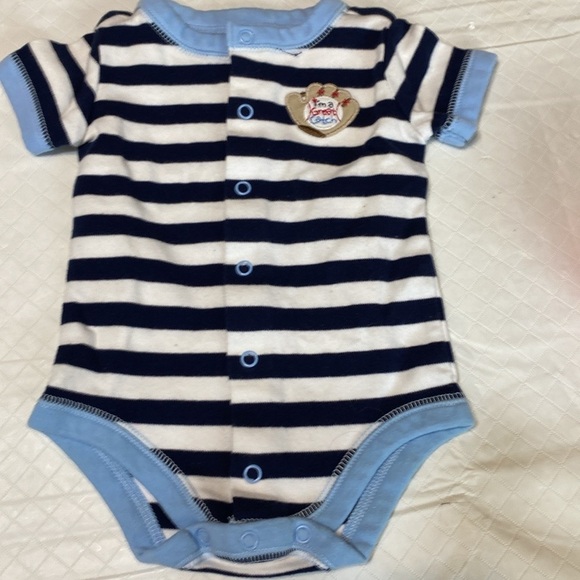 Infant 3 month short sleeve onsies blue stripes baseball themed set of 2 - Picture 2 of 10